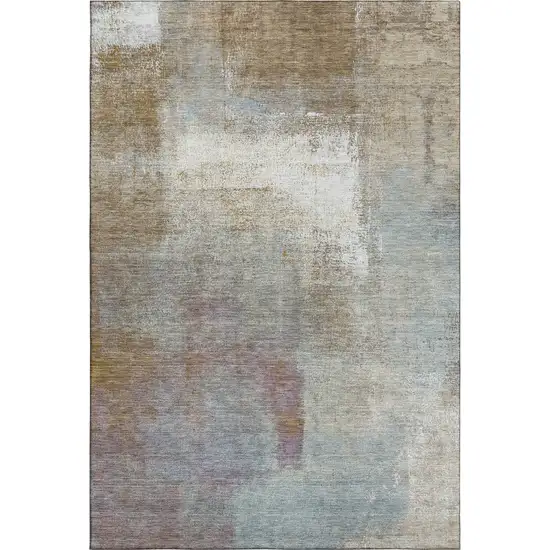 8' Coffee Ivory And Blue Abstract Washable Area Rug With UV Protection Photo 1