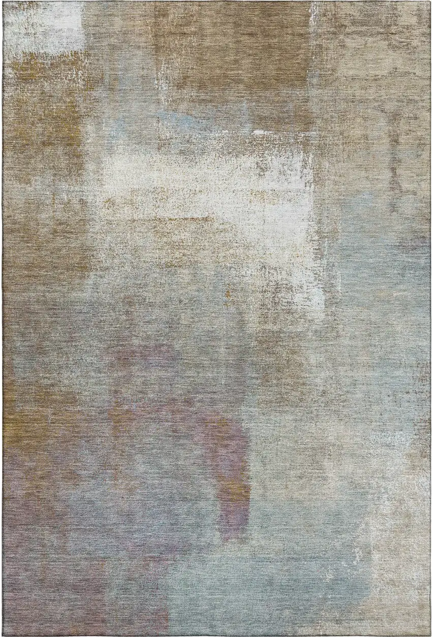 8' Coffee Ivory And Blue Abstract Washable Area Rug With UV Protection Photo 1