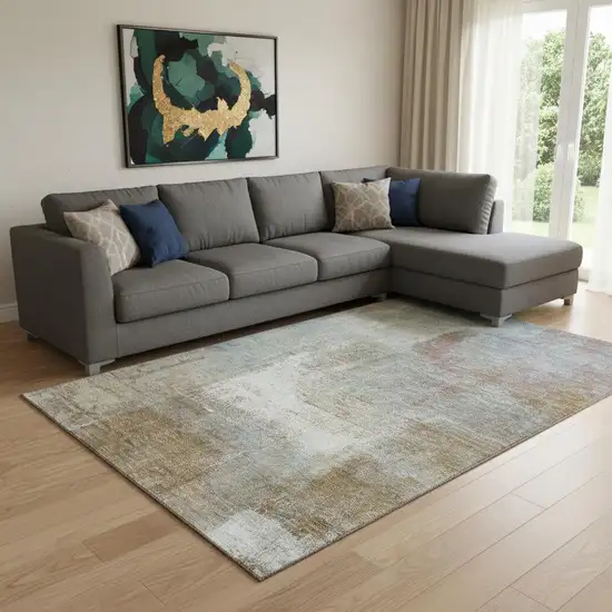 8' Coffee Ivory And Blue Abstract Washable Area Rug With UV Protection Photo 2