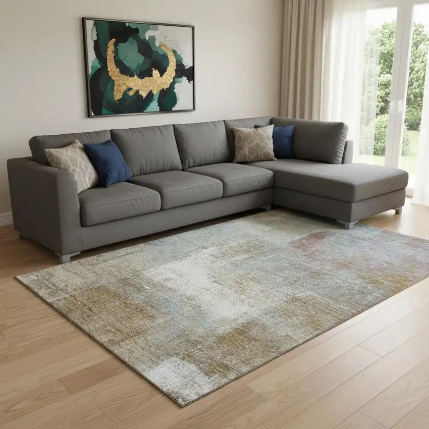 8' Coffee Ivory And Blue Abstract Washable Area Rug With UV Protection Photo 2