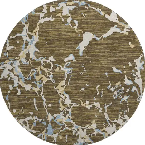 8' Coffee Ivory And Blue Striped Washable Round Rug With UV Protection Photo 2