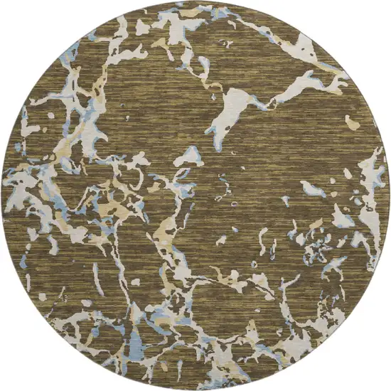 8' Coffee Ivory And Blue Striped Washable Round Rug With UV Protection Photo 1