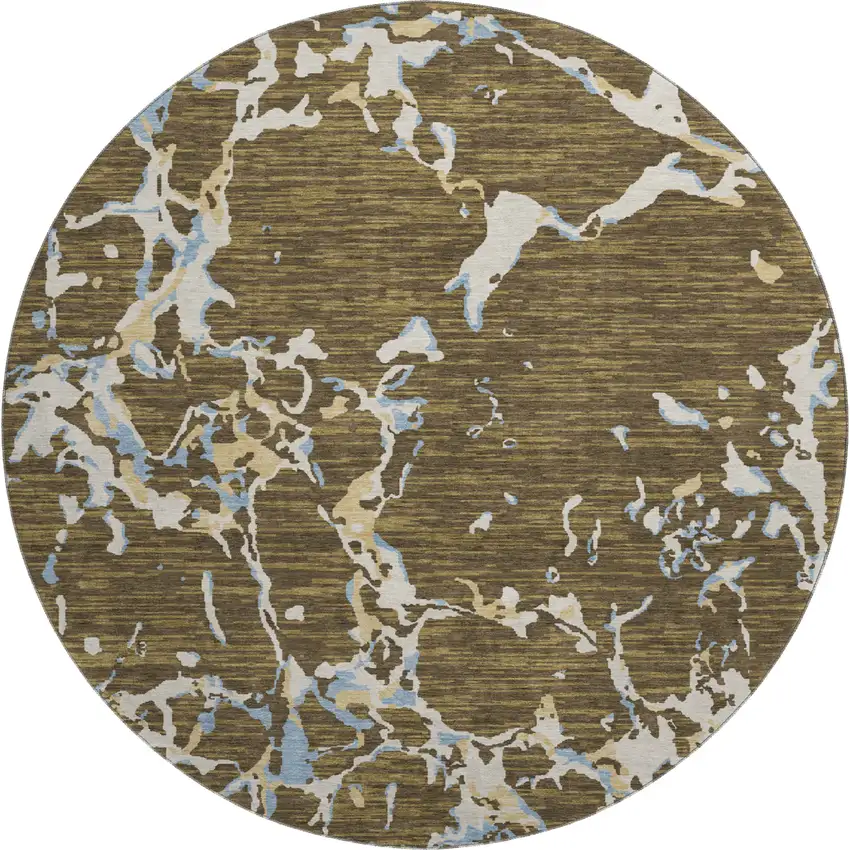 8' Coffee Ivory And Blue Striped Washable Round Rug With UV Protection Photo 1