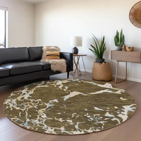 8' Coffee Ivory And Blue Striped Washable Round Rug With UV Protection Photo 4