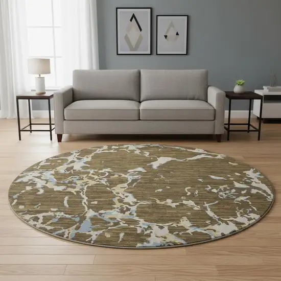 8' Coffee Ivory And Blue Striped Washable Round Rug With UV Protection Photo 2