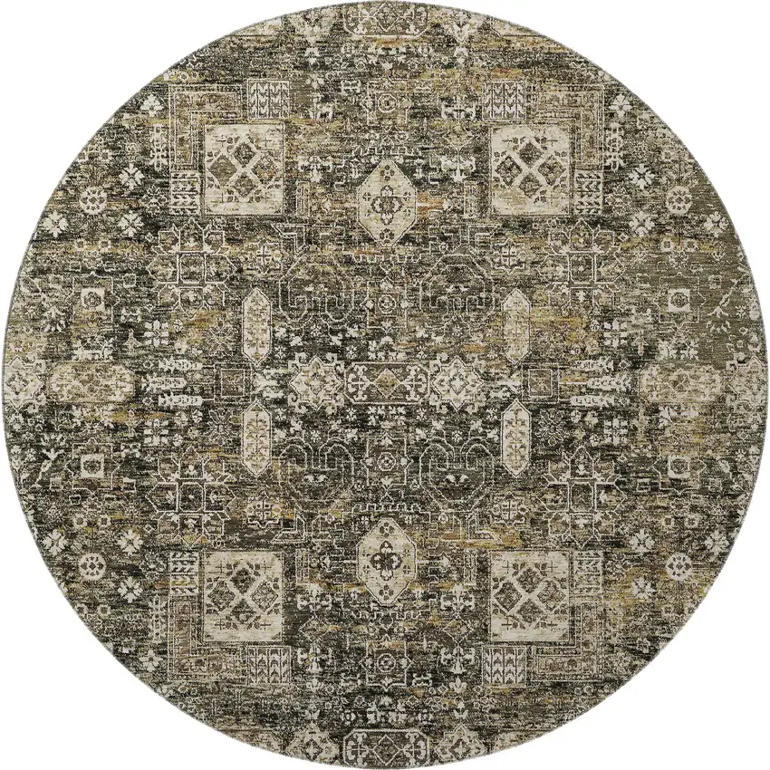 8' Coffee Ivory And Gold Floral Washable Round Rug With UV Protection Photo 4