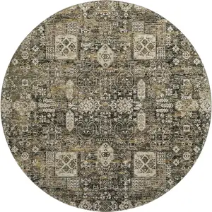 Photo of 8' Coffee Ivory And Gold Floral Washable Round Rug With UV Protection