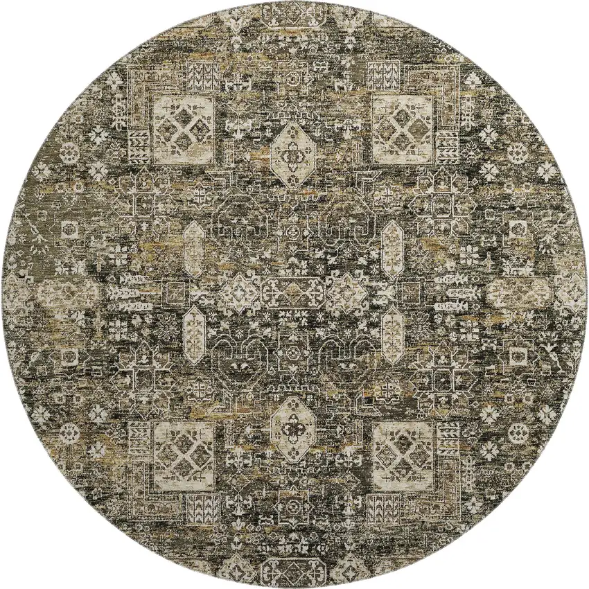 8' Coffee Ivory And Gold Floral Washable Round Rug With UV Protection Photo 1