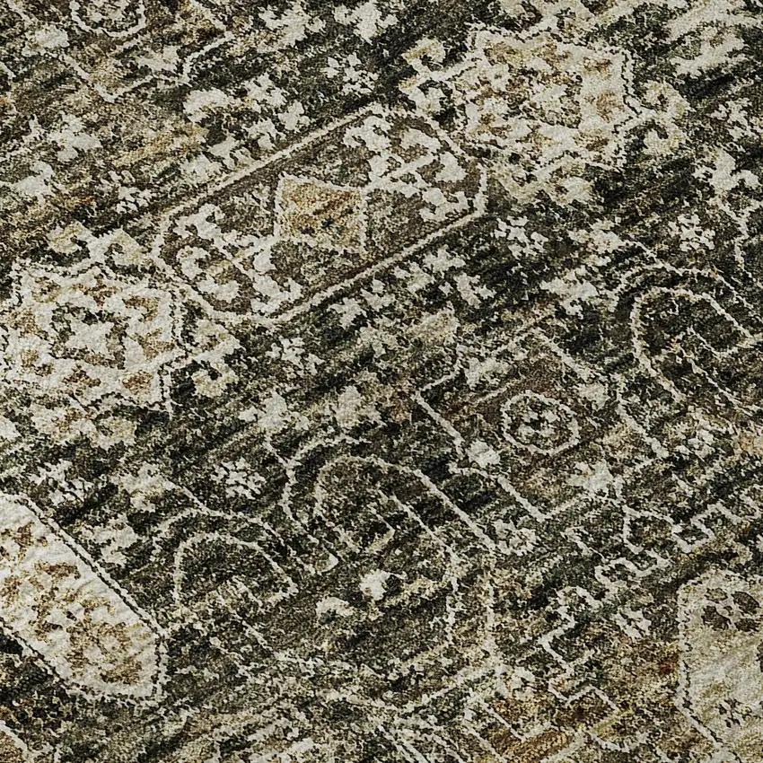 8' Coffee Ivory And Gold Floral Washable Round Rug With UV Protection Photo 9