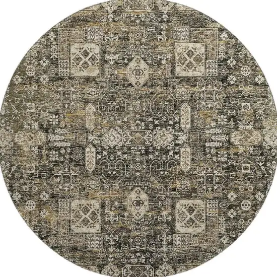 8' Coffee Ivory And Gold Floral Washable Round Rug With UV Protection Photo 3