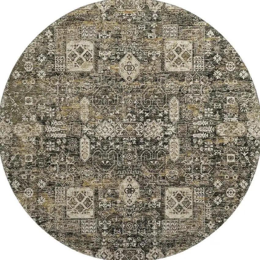 8' Coffee Ivory And Gold Floral Washable Round Rug With UV Protection Photo 3