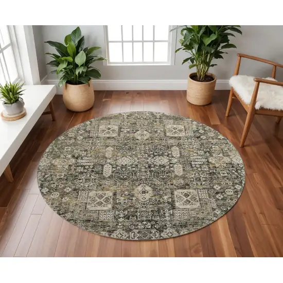 8' Coffee Ivory And Gold Floral Washable Round Rug With UV Protection Photo 2