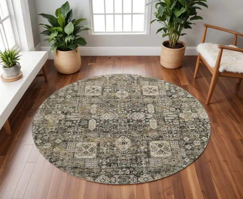 8' Coffee Ivory And Gold Floral Washable Round Rug With UV Protection Photo 2