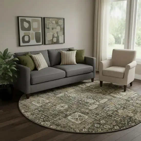 8' Coffee Ivory And Gold Floral Washable Round Rug With UV Protection Photo 1