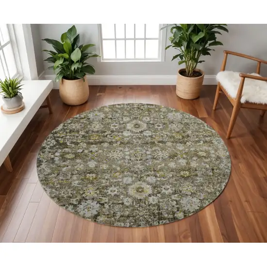 8' Coffee Ivory And Gold Oriental Washable Round Rug With UV Protection Photo 2