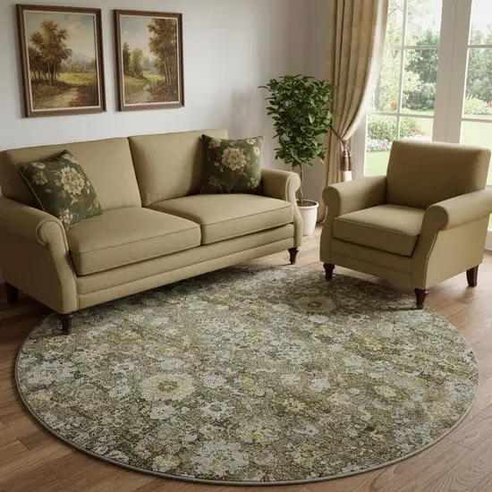 8' Coffee Ivory And Gold Oriental Washable Round Rug With UV Protection Photo 1