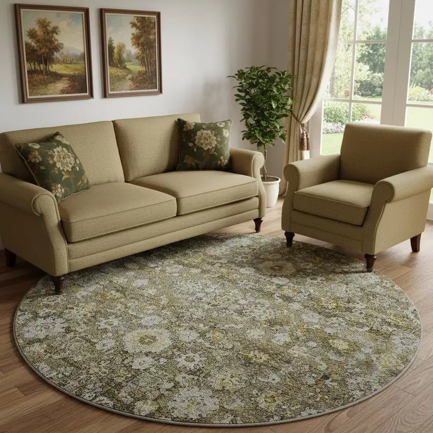 8' Coffee Ivory And Gold Oriental Washable Round Rug With UV Protection Photo 1