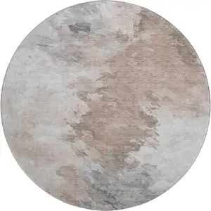 Photo of 8' Coffee Ivory And Gray Abstract Washable Round Rug With UV Protection
