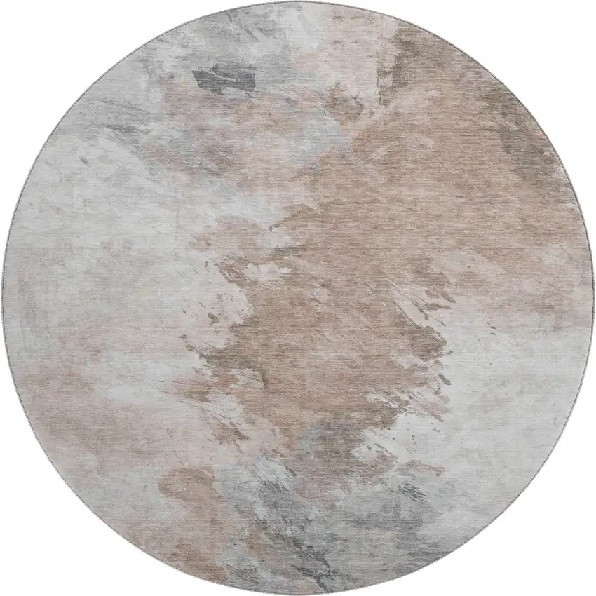 8' Coffee Ivory And Gray Abstract Washable Round Rug With UV Protection Photo 1
