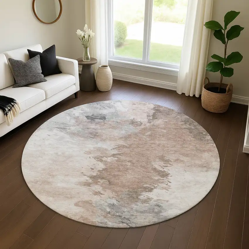 8' Coffee Ivory And Gray Abstract Washable Round Rug With UV Protection Photo 3