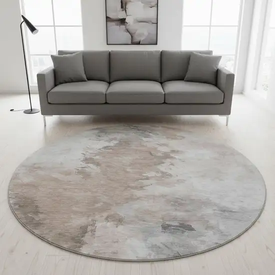 8' Coffee Ivory And Gray Abstract Washable Round Rug With UV Protection Photo 2
