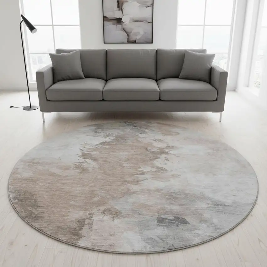8' Coffee Ivory And Gray Abstract Washable Round Rug With UV Protection Photo 2