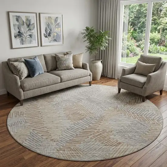 8' Coffee Ivory And Gray Botanical Leaves Washable Round Rug With UV Protection Photo 1