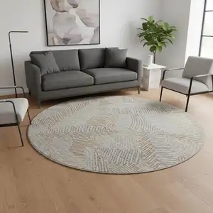 Photo of 8' Coffee Ivory And Gray Botanical Leaves Washable Round Rug With UV Protection