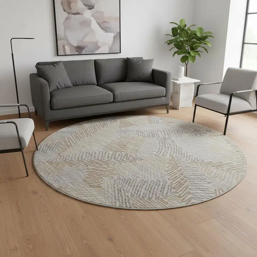 8' Coffee Ivory And Gray Botanical Leaves Washable Round Rug With UV Protection Photo 1