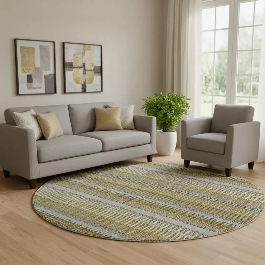 8' Coffee Ivory And Gray Striped Washable Round Rug With UV Protection Photo 1