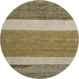 Photo of 8' Coffee Ivory And Gray Striped Washable Round Rug With UV Protection