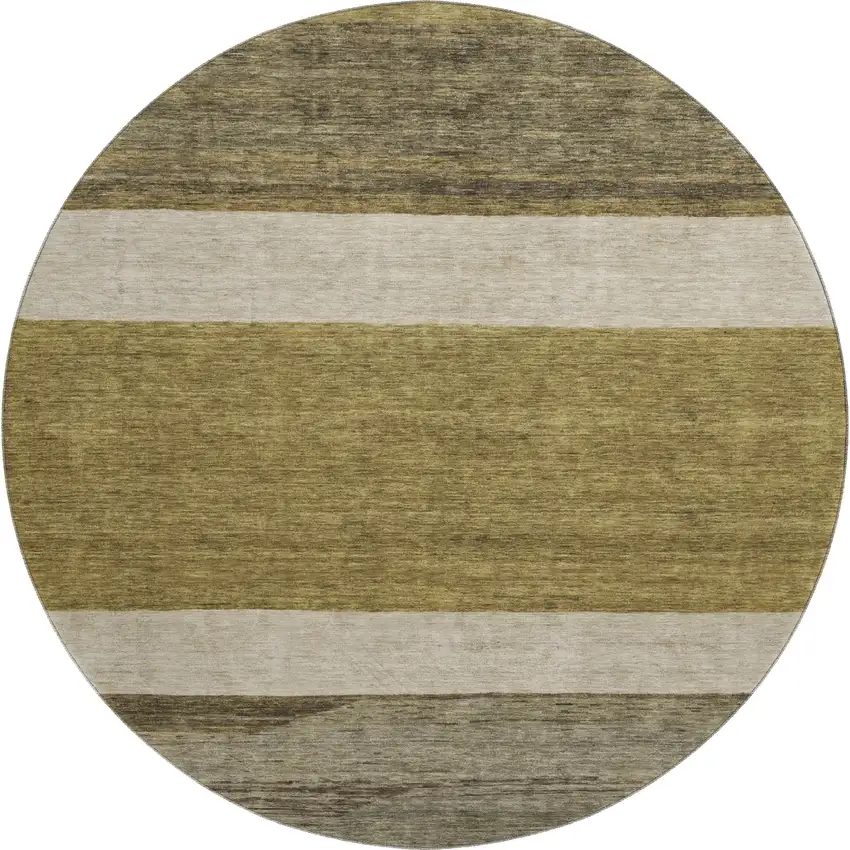 8' Coffee Ivory And Gray Striped Washable Round Rug With UV Protection Photo 1