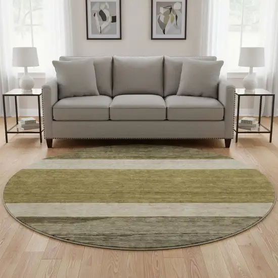 8' Coffee Ivory And Gray Striped Washable Round Rug With UV Protection Photo 2