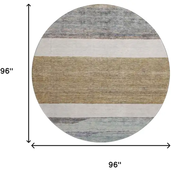 8' Coffee Ivory And Taupe Striped Washable Round Rug With UV Protection Photo 9