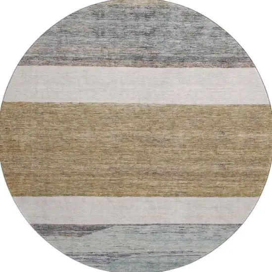 8' Coffee Ivory And Taupe Striped Washable Round Rug With UV Protection Photo 3