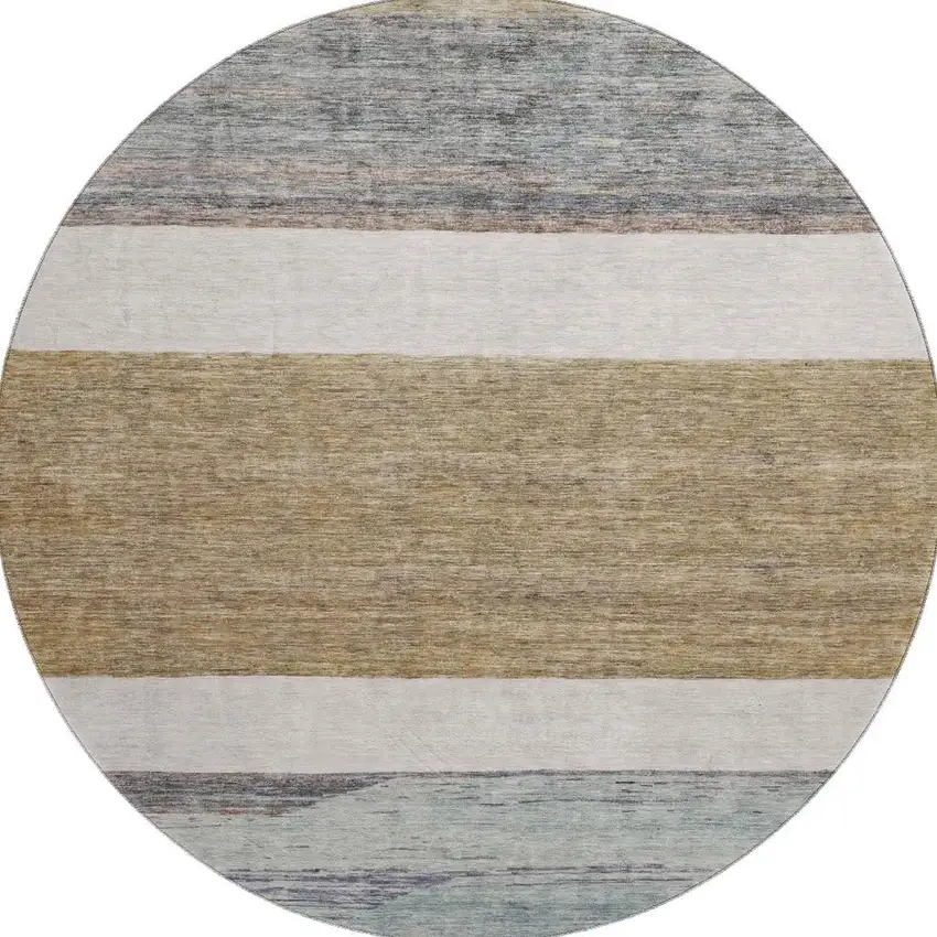 8' Coffee Ivory And Taupe Striped Washable Round Rug With UV Protection Photo 3
