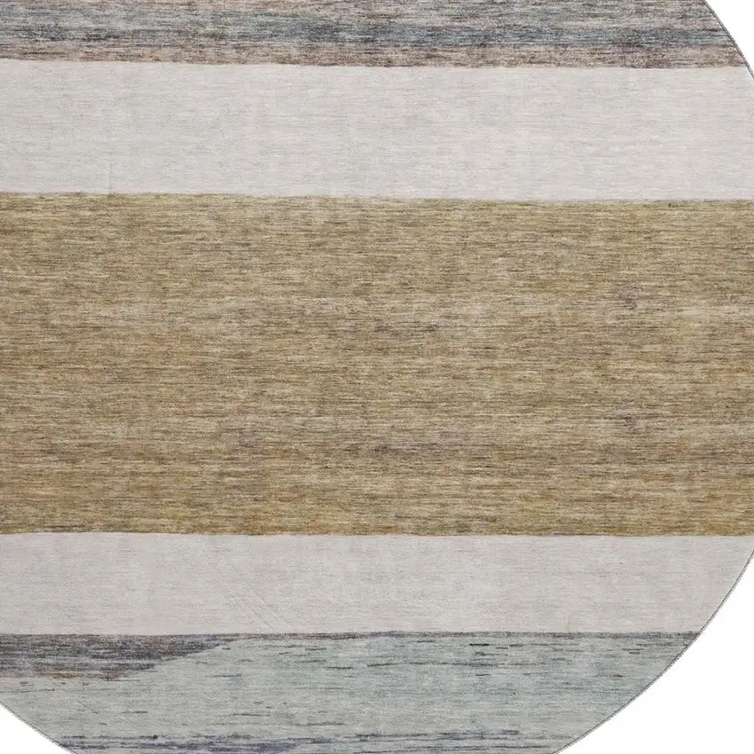 8' Coffee Ivory And Taupe Striped Washable Round Rug With UV Protection Photo 2