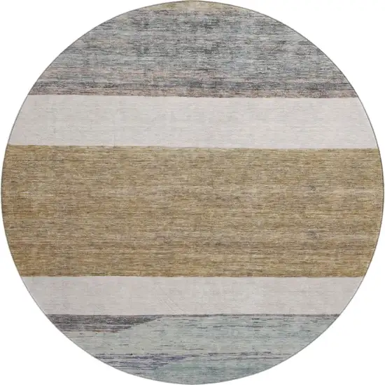 8' Coffee Ivory And Taupe Striped Washable Round Rug With UV Protection Photo 1