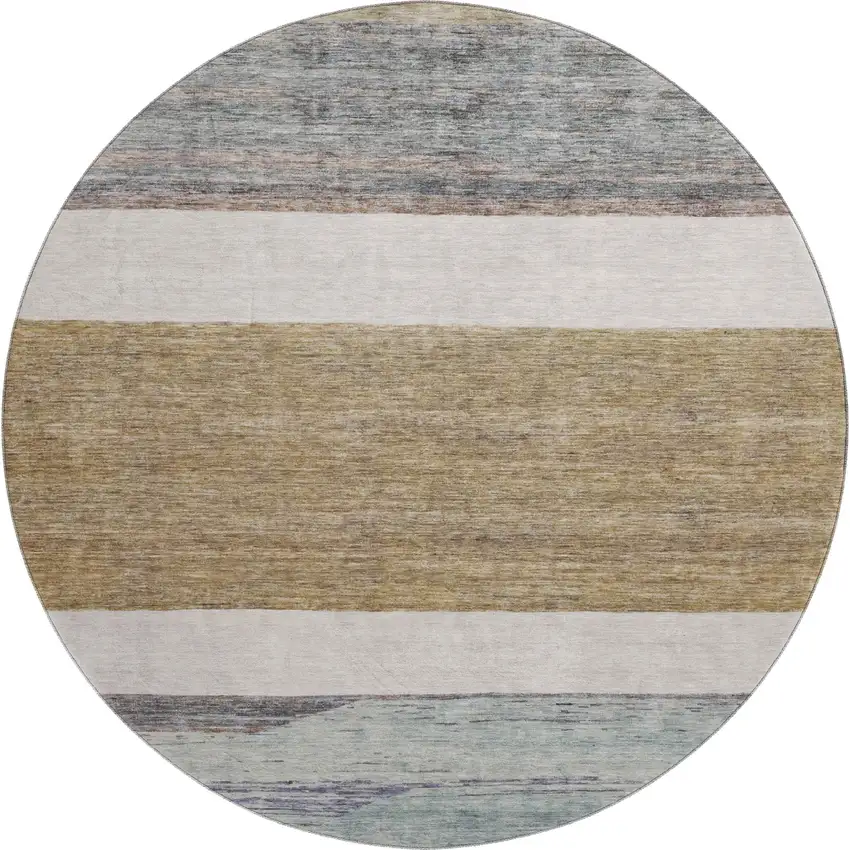 8' Coffee Ivory And Taupe Striped Washable Round Rug With UV Protection Photo 1