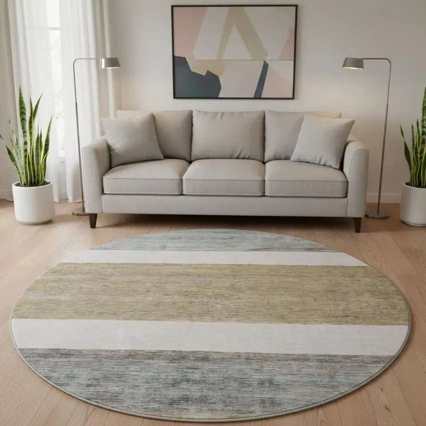 8' Coffee Ivory And Taupe Striped Washable Round Rug With UV Protection Photo 2