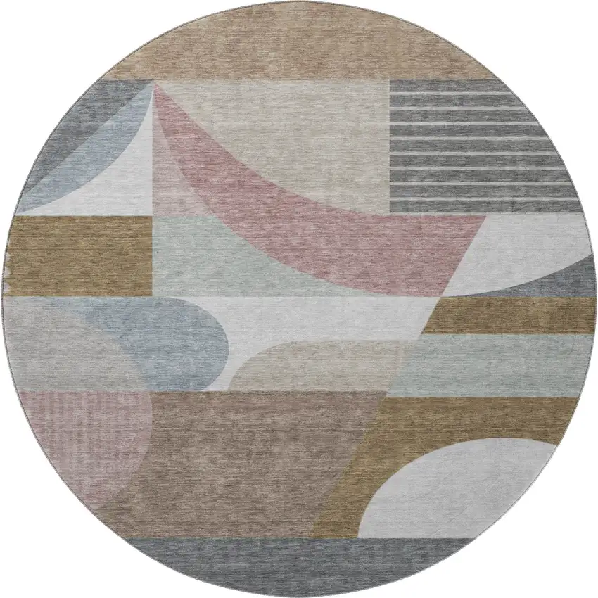 8' Coffee Mauve And Ivory Geometric Washable Round Rug With UV Protection Photo 3