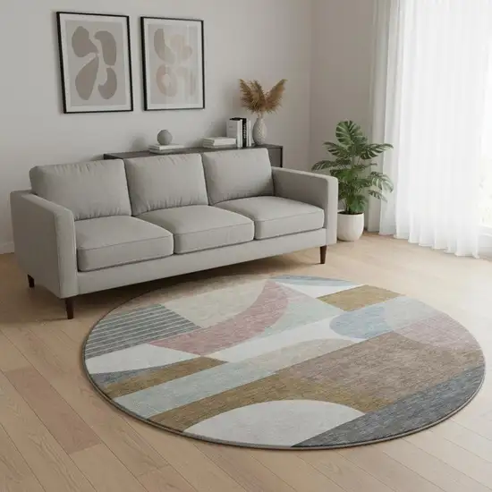 8' Coffee Mauve And Ivory Geometric Washable Round Rug With UV Protection Photo 2