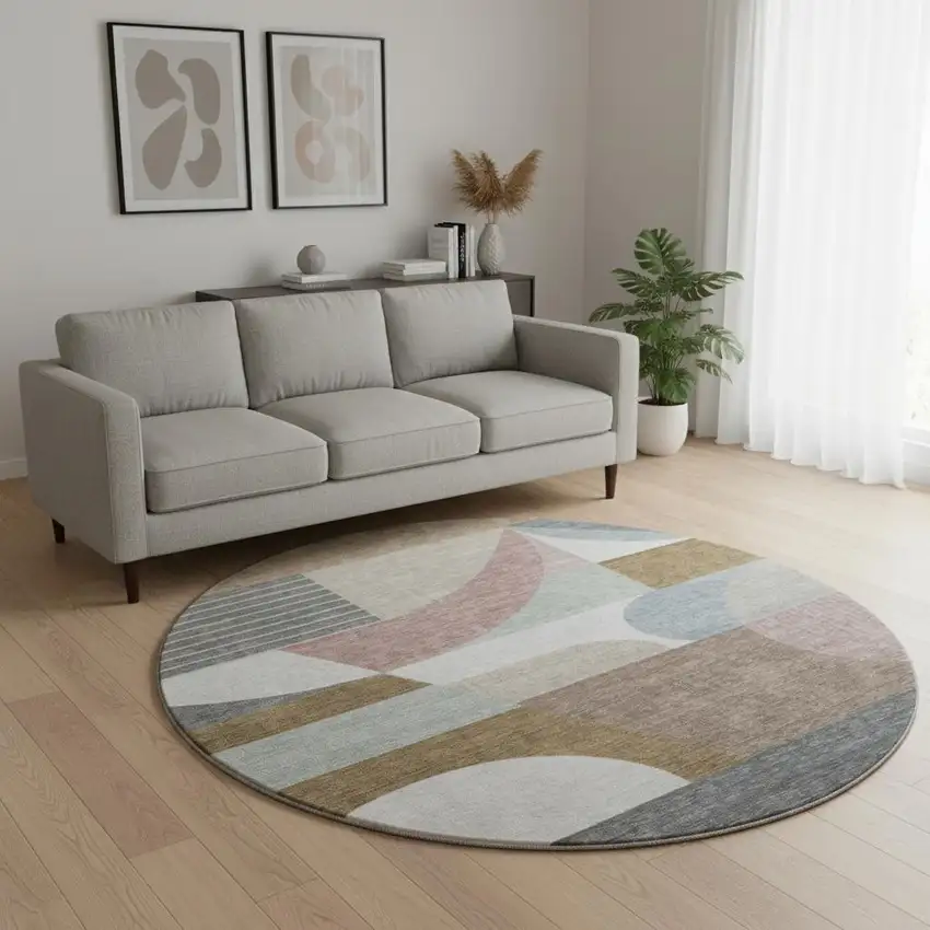 8' Coffee Mauve And Ivory Geometric Washable Round Rug With UV Protection Photo 2