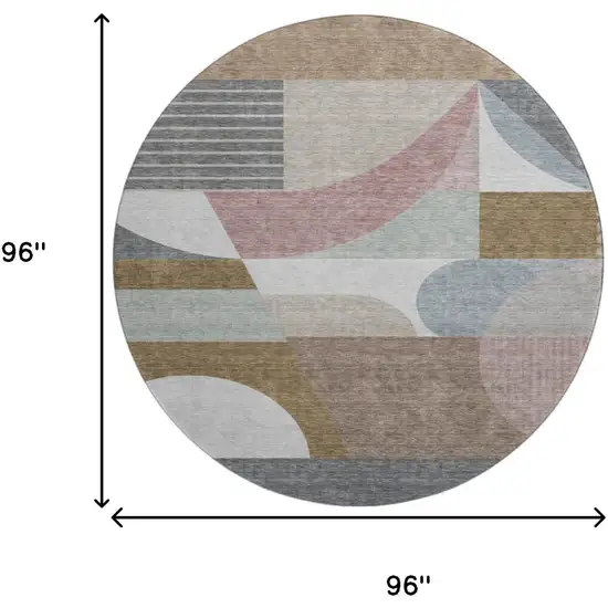 8' Coffee Mauve And Ivory Geometric Washable Round Rug With UV Protection Photo 9