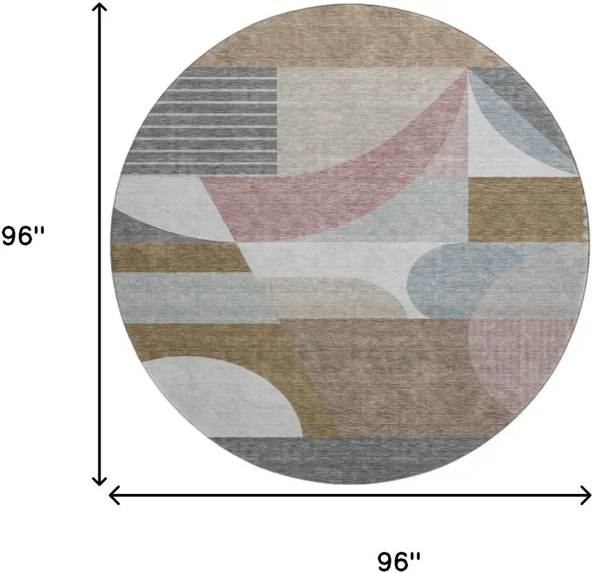 8' Coffee Mauve And Ivory Geometric Washable Round Rug With UV Protection Photo 9