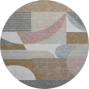 Photo of 8' Coffee Mauve And Ivory Geometric Washable Round Rug With UV Protection