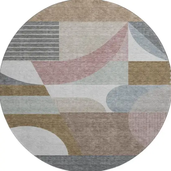 8' Coffee Mauve And Ivory Geometric Washable Round Rug With UV Protection Photo 2