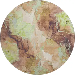 Photo of 8' Coffee Mint Green And Beige Abstract Washable Round Rug With UV Protection