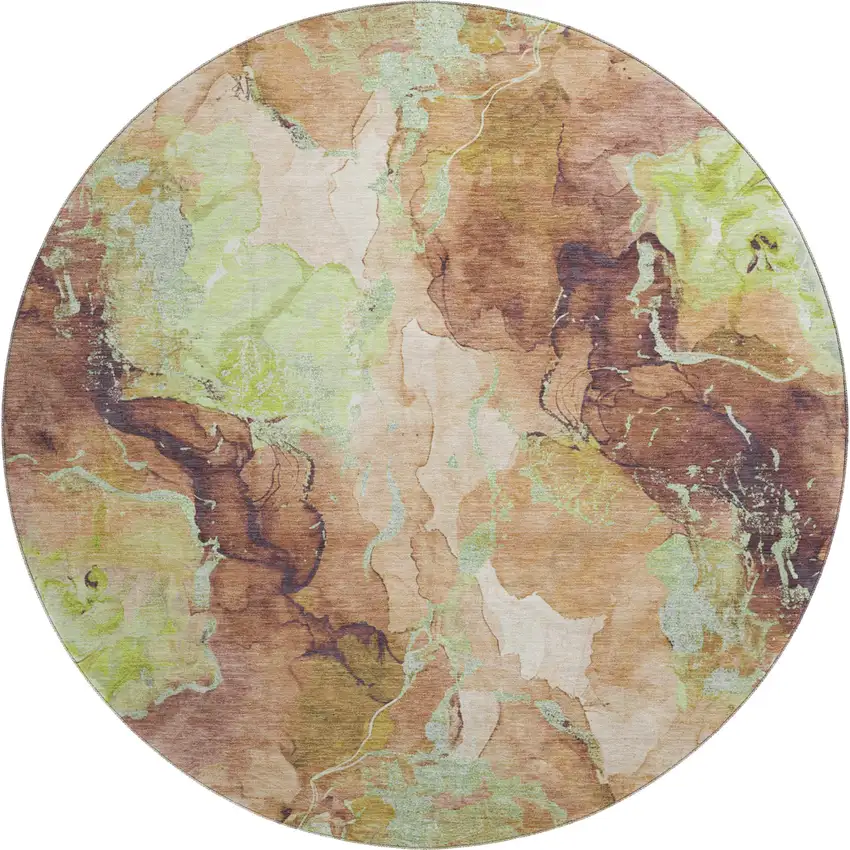 8' Coffee Mint Green And Beige Abstract Washable Round Rug With UV Protection Photo 1