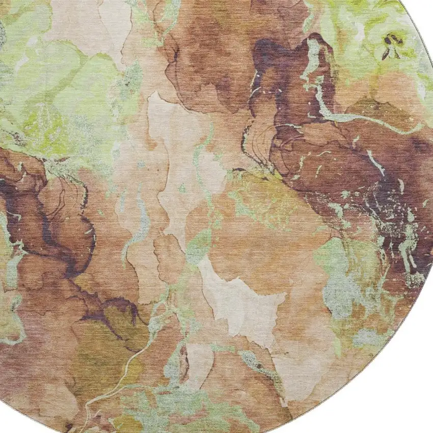 8' Coffee Mint Green And Beige Abstract Washable Round Rug With UV Protection Photo 2